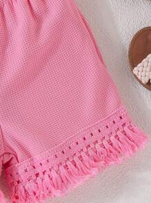 SHEIN Playful Pals 女婴夏季新款套装纯色 3D 花卉无袖上衣 + 短裤 - 玫紅色 - 查看 6