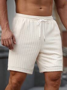 Manfinity RSRT Manfinity Nomadique Men Drawstring Waist Slant Pocket Shorts Baggy Board Linen Cool Plain Khaki Vacation Boho - Apricot - View 3