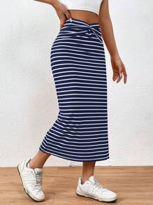 Chiquease Summer Casual Striped Twist Slit Mid-Length Skirt