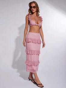 COSMINA Women's Elegant Multi-Layer Ruffle Hem Long Skirt - Pink - View 5