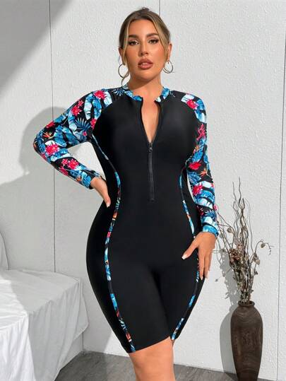 Swim SPRTY Plus Size Women Black Tropical Print Long Sleeve One-Piece Swimsuit, Zipper Closure, Casual Sports Leisure Beach Holiday Fashion For Summer Beach Vacation