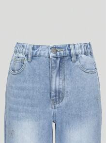 Tween Girls Fashion Light Blue Washed Denim Butterfly Rhinestone Embellished Loose Wide Leg Casual Elastic Waist Jeans - Light Wash - View 4