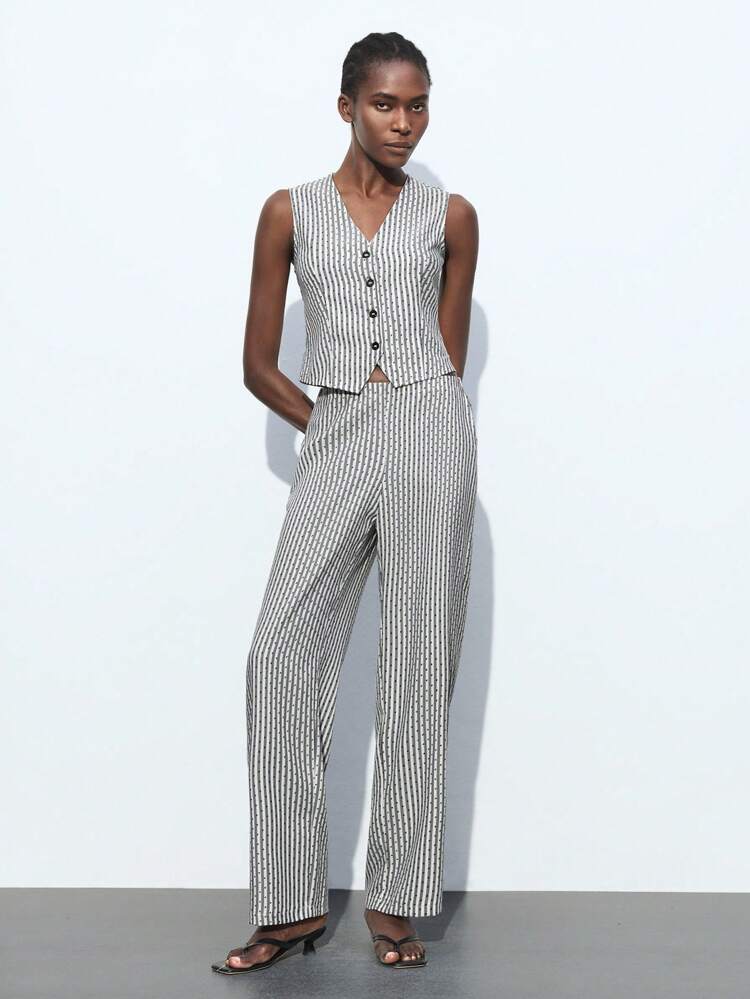 SHEIN Maija Modern 2025 Spring Summer Casual Fashion Elegant Women Black Striped Textured Woven Blouse, Suitable For Music Festival, Beach Holiday, Daily Casual, Romantic Urban Resort, Suitable For Outing, Party, Wedding Guest, Vintage Style, Graduation Season Business Casual Woman