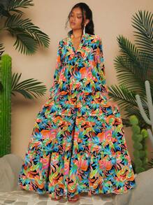 Travachic Gaun Pantai Tenun Motif Tropis dengan Hiasan Ruffle pada Garis Leher Asimetris, Lengan, dan Bagian Bawah - Hijau - View 6