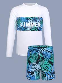 Tween Boy Tropical Plants Print Long Sleeve Rashguard And Swim Trunks Set - Multicolor - View 1