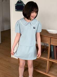 DAZY 2pcs Tween Girl Doll Face Knitted Printed Short Sleeve T-Shirt + Knit Skirt Set, Summer,Back To School Clothes - Blue - View 3