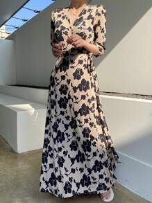 DAZY V领优雅碎花连衣裙，女士优雅吊带长裙 - 米色 - 查看 11