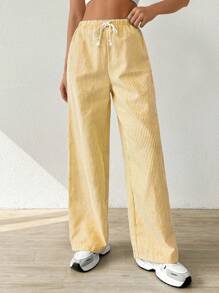 SHEIN EZwear 女士条纹亚麻低腰裤，简约时尚，适合夏季 - 黃色 - 查看 3