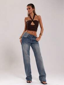 SHEIN BAE Women's Plain Color Ruched Cropped Cutout Halter Tank Top - Coffee Brown - View 1