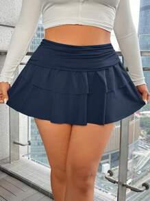 CovetEZ Plus Size Summer Casual Solid Color Ruched Ruffle Hem Skirt
