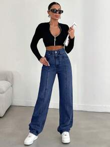 SHEIN Cottnline 100%Cotton Solid Color Straight Leg Jeans - Medium Wash - View 6