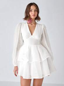 Enchnt Spring/Summer Romantic Women's White V-Neck Layered Elegant Puff Long Sleeve Mini Dress Long Sleeve Mini Dress,Sweet&Elegant&Modest Sundress For Birthday&Holiday Party&Sweet Date&Vacation&Graduation Season,Summer Outfits For Women,Wedding Guest Dress Women,Easter Outfit Women