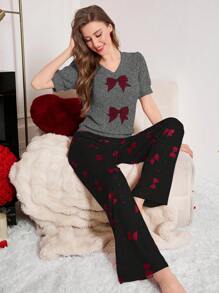 2pcs Bowknot Print Puff Sleeve V-Neck Pajama Set With Wide Leg Pants - Dark Grey - View 4