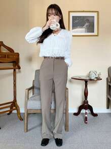 DAZY V领灯笼袖系带长袖女式衬衫，荷叶边 - 白色 - 查看 8