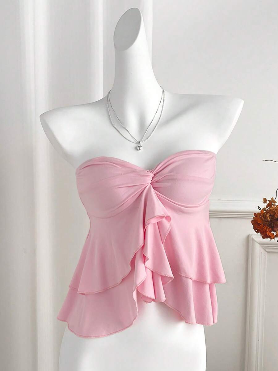 Sweetra Romantic Versatile Double Ruffle Twist Bandeau Crop Top