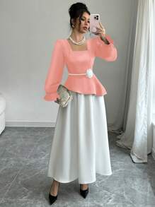 SHEIN Unity Vestido decorado con flores elegante y con bloques de color estilo INS - Rosa - Ver 3
