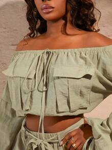 SHEIN SXY Plus Size Women Spring/Summer Dating Club Valentine's Day Wedding Elegant Green Woven Off-Shoulder Cargo Pockets Embellished Long Sleeve Crop Top With Drawstring Strap Design, Suitable For Everyday And Western Wear - Green - View 7