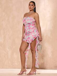 SHEIN BAE Plus Size Women Elegant Floral Ruffle Hem Bandeau Dress/Summer Holiday Vacation Dress/Music Festival/Vacation Outfits Women/Summer/Summer Clothes /Women Summer Clothes