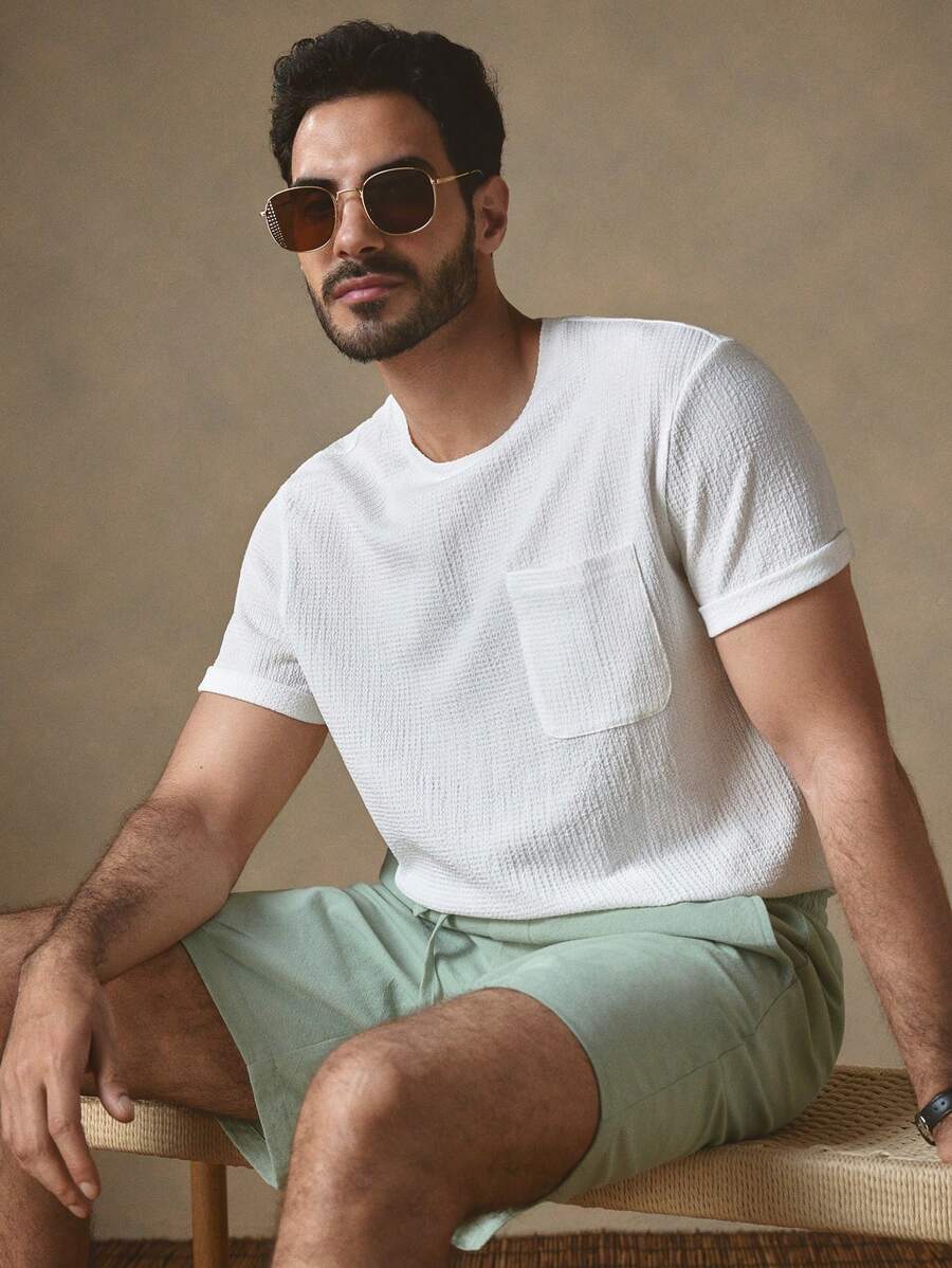 Manfinity VCAY 2 件男士编织撞色圆领修身休闲 T 恤套装，适合夏季 - 彩色 - 查看 1