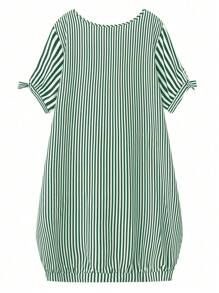 EMERY ROSE Elegant Women's Casual Striped Splicing Tie-Knot Design Ruffle Hem Round Neck Short Sleeve Plus Size Dress,White,Summer,Smart Casual,Vacation,Vintage - Dark Green - View 2