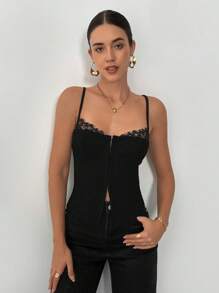 Siren Gaze Women's Summer Contrast Lace Front Button Camisole Black Casual