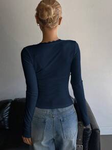 DAZY Solid Color Lace Patchwork Slim Fit Long Sleeve Women T-Shirt