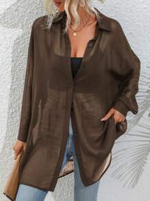 SHEIN LUNE Solid Color Front Button Up See-Through Casual Long Sleeve Shirt Fall Cloth For Women - Coffee Brown - View 5