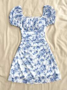 SHEIN Teen Girls Spring& Summer/Valentine Day/Dreamara Blue & White Floraldress/Vacation/Holiday/Vintage//Beach/Sea/Elegant/Dresses For Girl/Bohemia/Boho Clothing/Sun Dresses For Girls Holiday Outfits - Blue and White - View 3