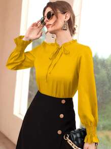 Mulvari Burgundy Red Women's Casual Solid Color Ruffled Sleeve Blouse, Spring And Autumn - Yellow - View 1