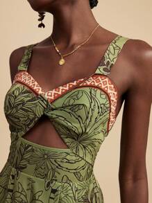 Travachic Bộ đồ liền thân hở vai in họa tiết cây nhiệt đới cho nữ, phong cách kỳ nghỉ, trang phục mùa hè cho nữ, trang phục bãi biển cho nữ, trang phục phương Tây cho nữ, trang phục hòa nhạc cho nữ, phong cách Boho, kỳ nghỉ nhiệt đới - màu xanh lá - Xem 7