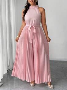 SHEIN Unity Plus Size Women Elegant Romantic Halter Neck Tie Waist Ruffle Jumpsuit - Dusty Pink - View 5