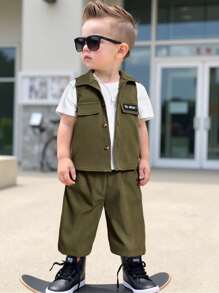 SHEIN 3pcs Baby Boy/Girl Olive Green Vest,Short Sleeve T-Shirt And Pants Set,Autumn Street Life Casual Graphic Street Fashion,Vacation Soft Sporty Outfit - Green - View 7