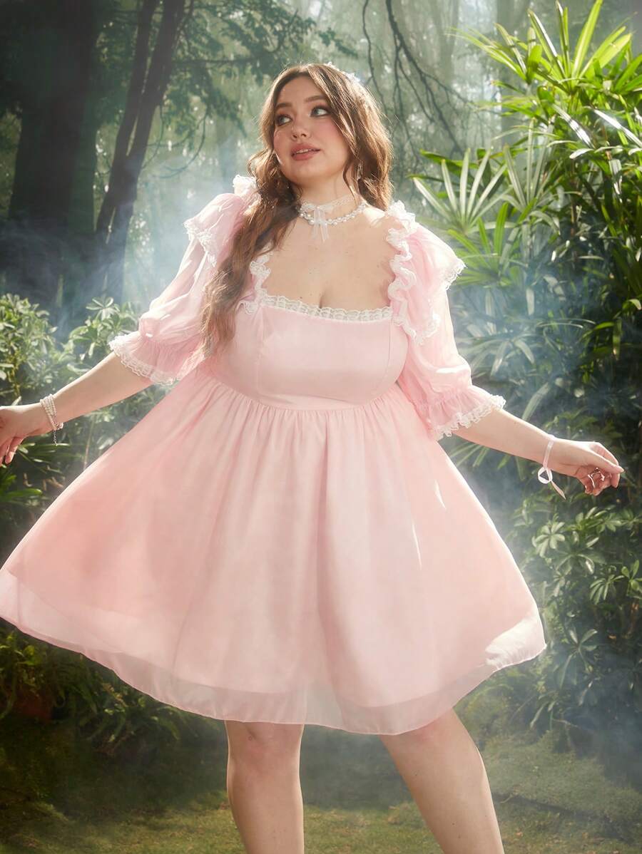 Lyrianda Elegant Vacation Sweet French Princess Style Pink Puff Sleeve Off-Shoulder Fit & Flare Mini Dress, Summer