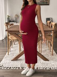 SHEIN Maternity Solid Color Round Neck Side Slit Sleeveless Bodycon Cami Dress - Red - View 3