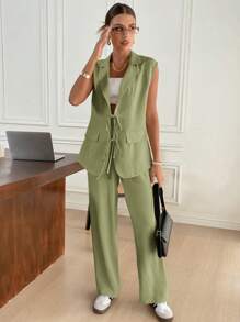Siren Gaze 2pcs Women Suit Set: Textured Tie-Front Jacket And Pants, Casual In Fall/Winter Green - Green - View 4