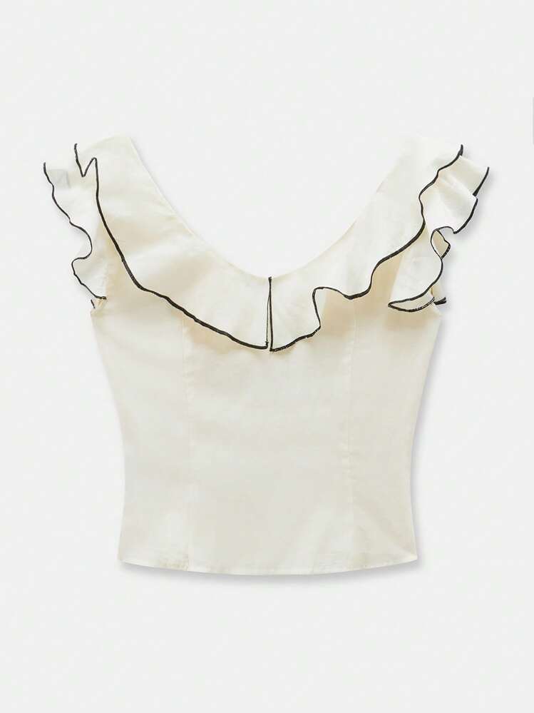 Maija 女式米色前后高领荷叶边撞色饰边设计优雅都市精致时尚春夏连衣裙，采用撞色饰边、U 领、飘逸袖子、荷叶边拼接，商务休闲街头必备，巡航装 - 白色 - 查看 7