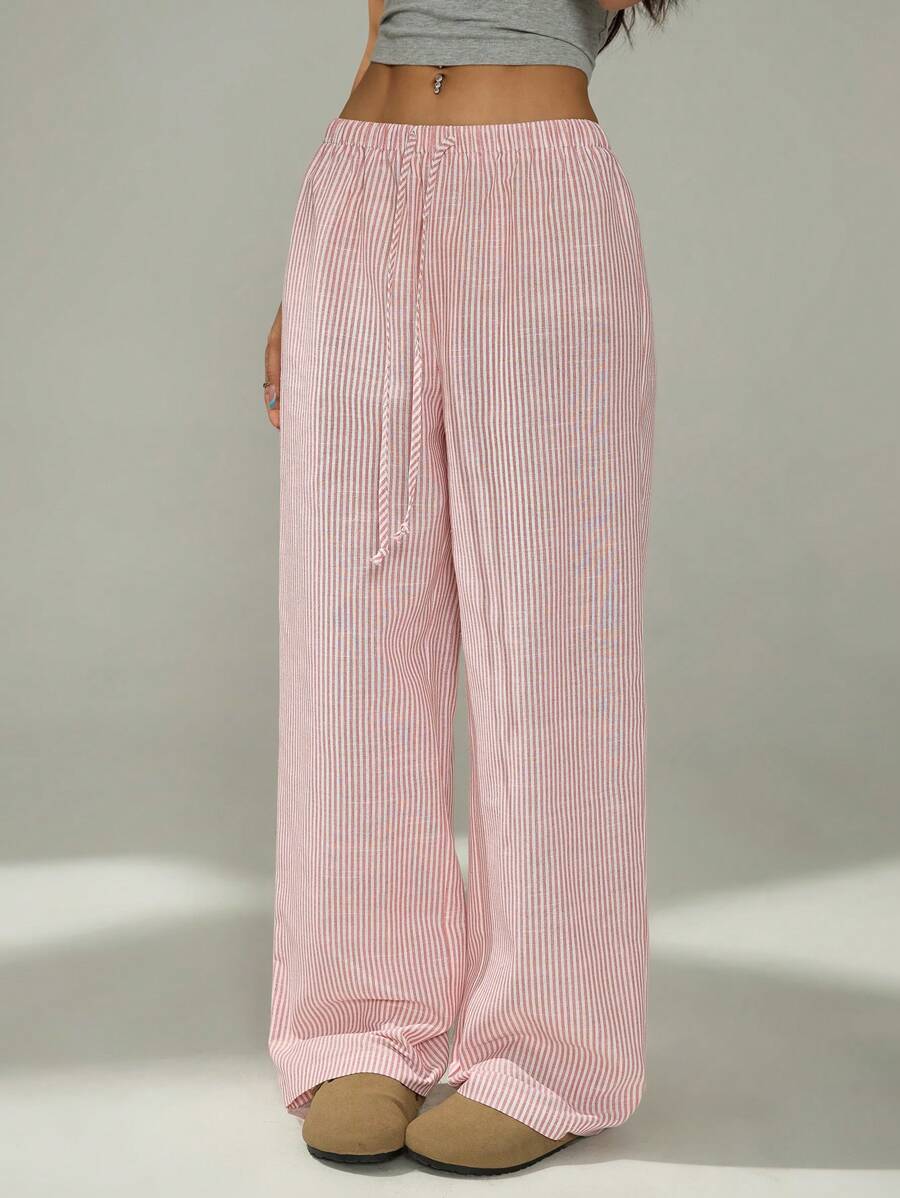 SHEIN PETITE Petite Ladies Pink And White Casual Home Striped Trousers Suitable For Spring And Summer Baggy - Pink - View 1