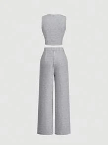 SHEIN PETITE 粉色西装背心上衣、直筒长裤、女士优雅西装套装 - 灰色 - 查看 8