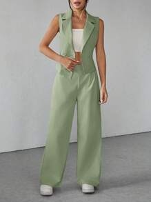 SHEIN PETITE Two Pieces Fall Outfits 2pcs/Set Women Solid Color Sleeveless Top And Pants Fall Clothes - Green - View 5