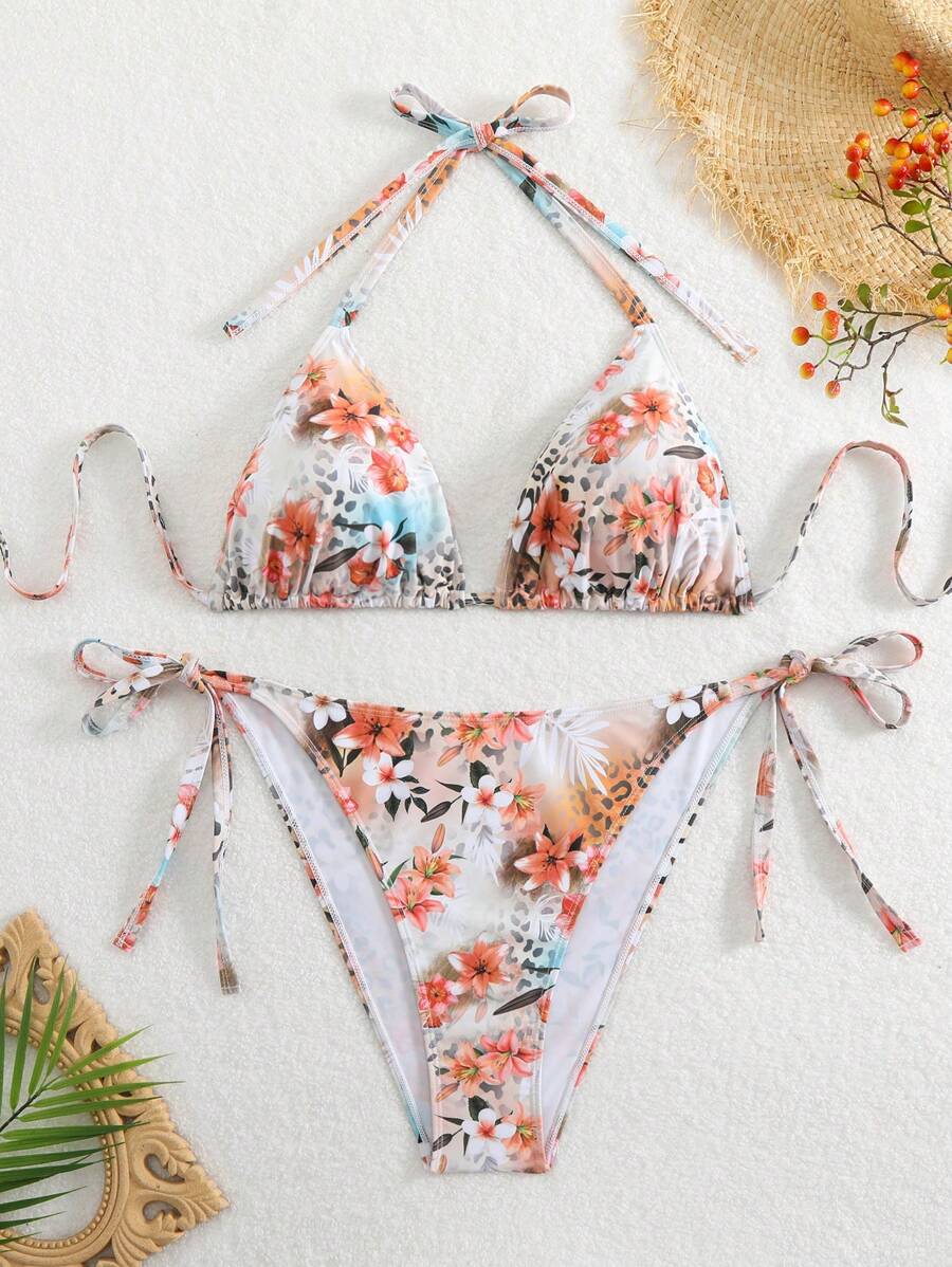 Swim Mod 2pcs Plus Size Women Leopard & Floral Print Bikini Swimwear Set, Suitable For Beach Vacation In Summer - Multicolor - View 1