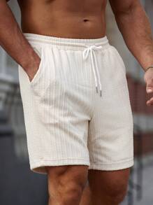 Manfinity RSRT Manfinity Nomadique Men Drawstring Waist Slant Pocket Shorts Baggy Board Linen Cool Plain Khaki Vacation Boho - Apricot - View 6