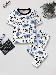 Young Boy Casual Minimalist Snug Fit Crew Neck Short Sleeve Top And Long Pants Pajama Set, Suitable For All Seasons - White - View 2
