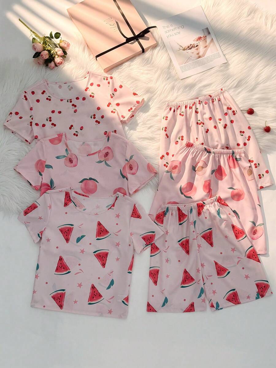 6pcs Girls Oversized Fruit Print Short Sleeve Top And Shorts Pajama Set, Loose And Comfortable Homewear