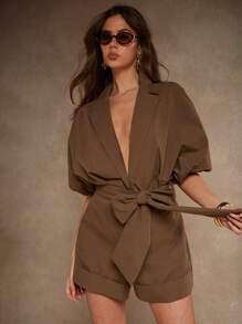 COSMINA 女士纯色蝙蝠袖衬衫和短裤套装 - 棕色 - 查看 5