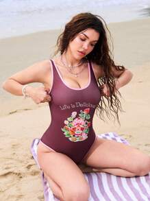 Strawberry Shortcake X SHEIN 女式卡通休闲可爱棕粉色撞色边饰字母图案连体泳衣