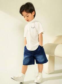 SHEIN 男童弹力腰带牛仔短裤，休闲洗水裤 - 深色水洗藍 - 查看 3
