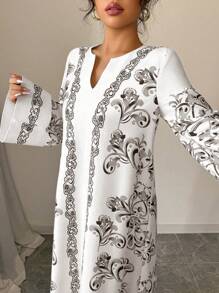 Yasmyna Women Woven Placement Floral Symmetrical Loose Fit Long Sleeve Arabian Dress, Modest - Multicolor - View 3