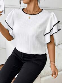 Elenzga Plus Size Black & White Contrasting Ruffle Trim Short Sleeve Blouse - White - View 4