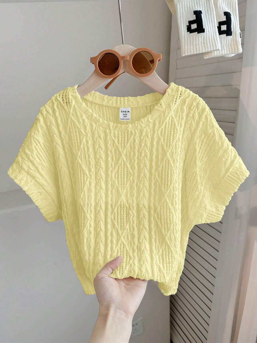 SHEIN Tween Girls' Oversized Casual Crewneck Pullover Textured Fabric Short Sleeve Cropped T-Shirt - Yellow - View 1