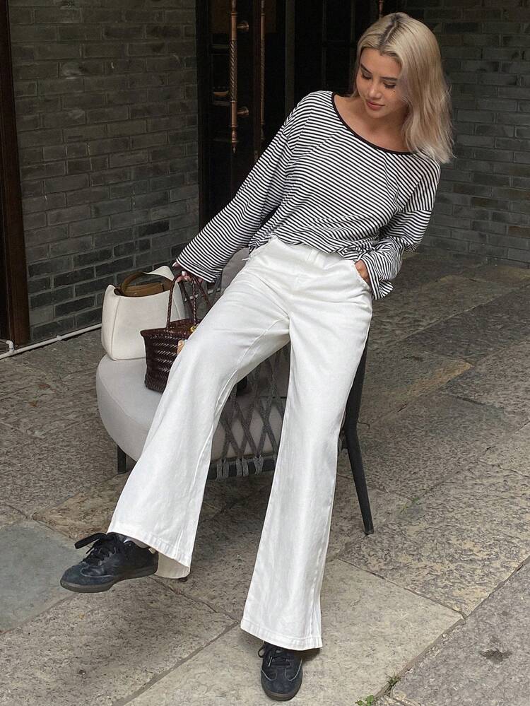 Women's Solid Color Loose Wide Leg Pants With Pockets And Raw Hem, Casual Summer Trousers
